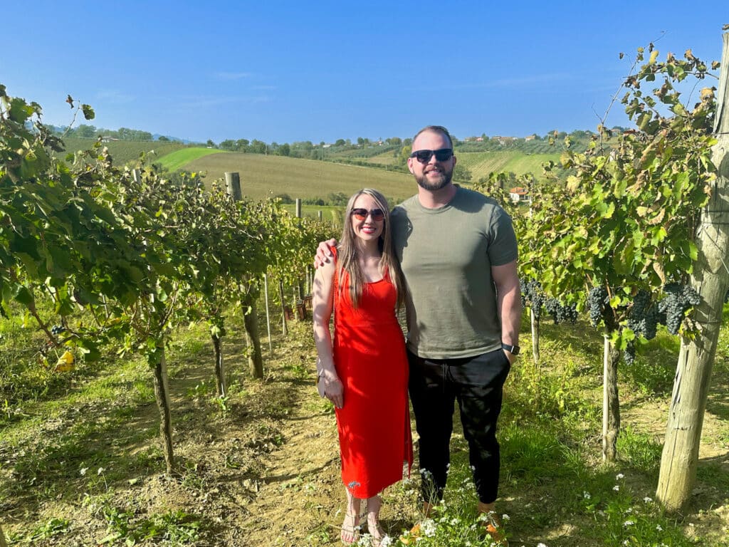 jillian travel and wellness influencer wine tasting in italy on the vineyard at Petrillo in Irpinia, Italy