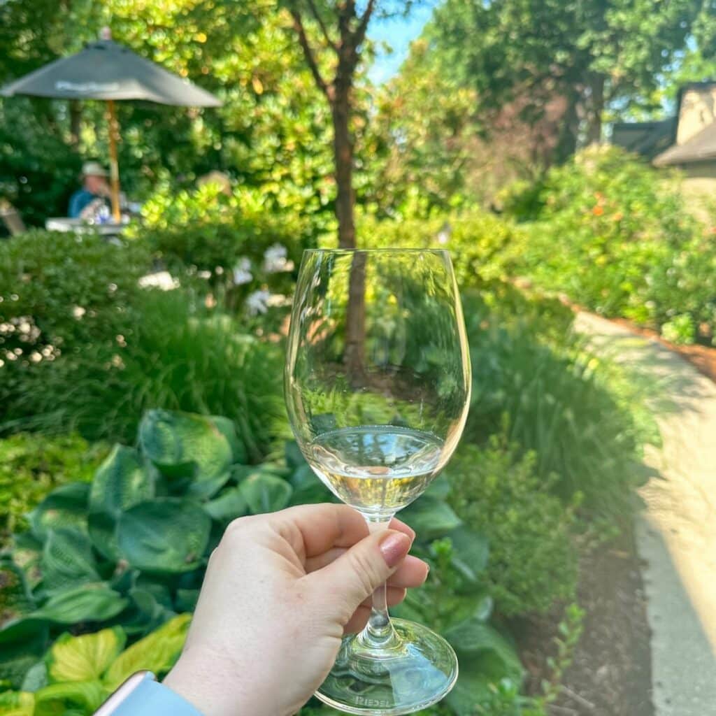 glass of white wine in woodinville, washington wine country